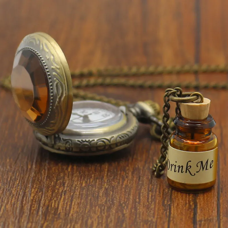 Винтажные кварцевые карманные часы Алиса в стране чудес бутылка ожерелье подвеска Fob часы Ретро Темно-коричневое стекло для женщин подарок девушке