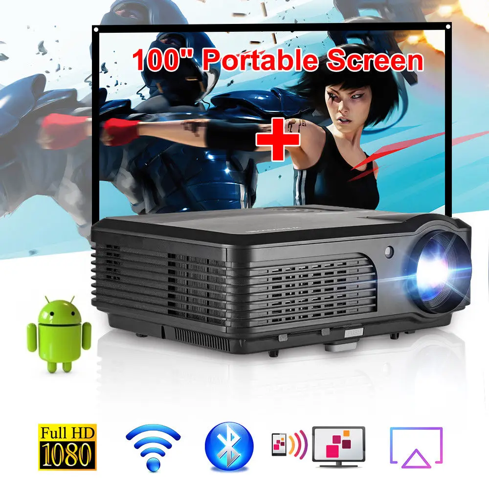 CAIWEI Full HD Android Wi Fi Bluetooth проектор домашний театр Беспроводной мультимедийный Proyector USB HDMI с 100 дюймов экран