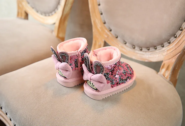 Botas de Neve Orelhas de Coelho Botas de Algodão Inverno Bonito Arco Lantejoulas Meninas Crianças Casuais Moda Princesa Botas Criança Boots21-30 17 neve bonito orelhas de coelho crianças casuais