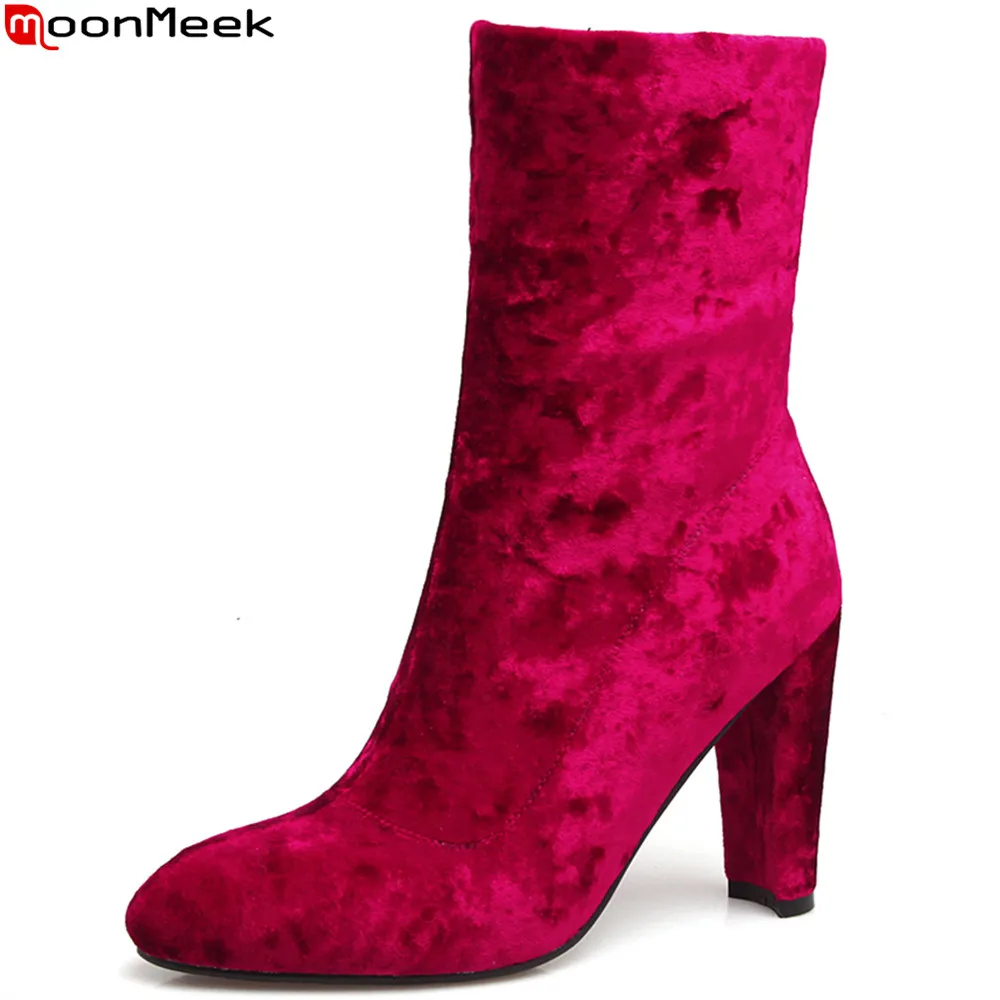 

MoonMeek 2018 hot sale new arrive women boots round toe zipper flock ladies boots autumn winter ankle boots plus size 33-46