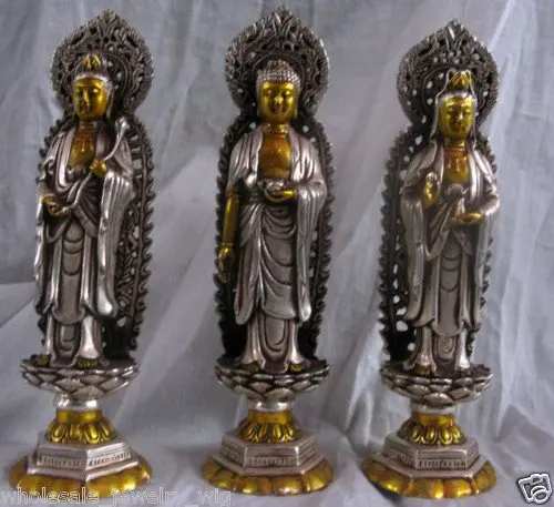 

Pure 3PCS 24k Gold plate Tibet Tibetan Buddhist bronze silver Healing Buddha statue SET Garden Decoration 100% real Brass Bronze