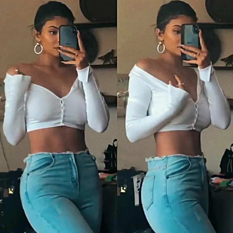 

2019 Sexy Deep V Neck Womens Shirts Long Sleeved Cardigan Button Top Ladies Off Shoulder Solid Color Blouses