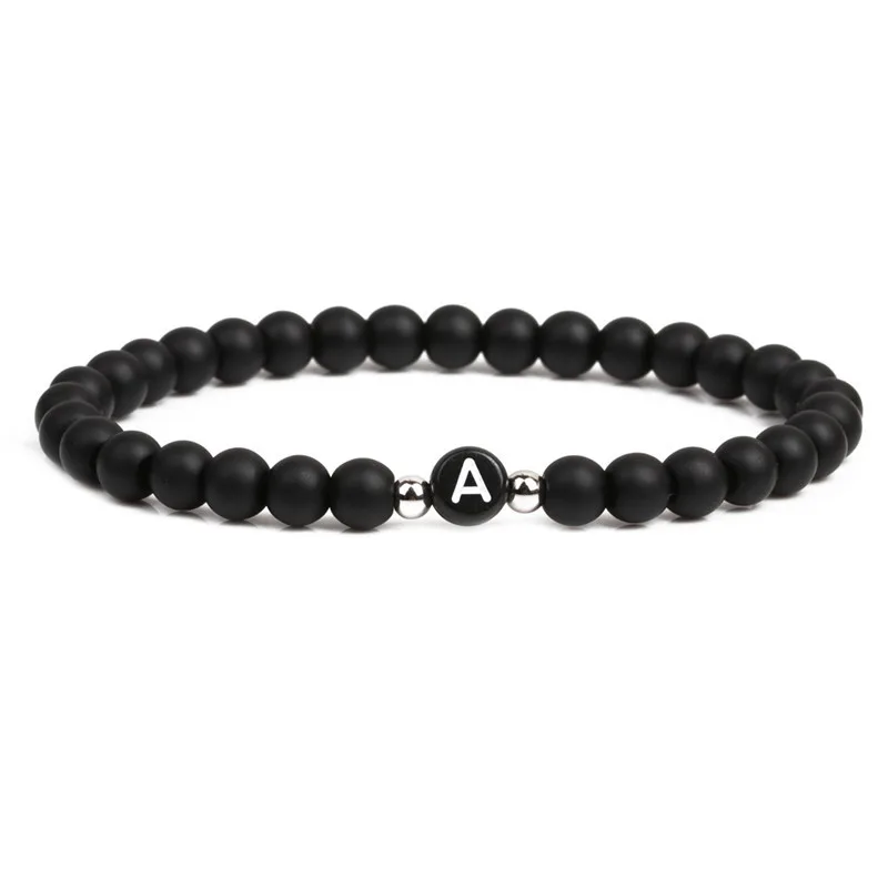 

Charm Natural Stone Bracelet A-Z Letter Black Lava Matte Beaded Bracelets Handmade Men Jewelry Gifts Bracelet Elasticity