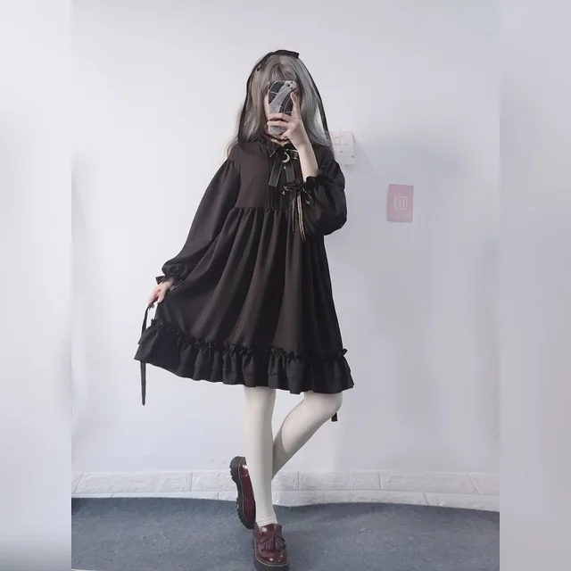 Japanese Sweer Lolita Harajuku Black Ruffles Dress 1