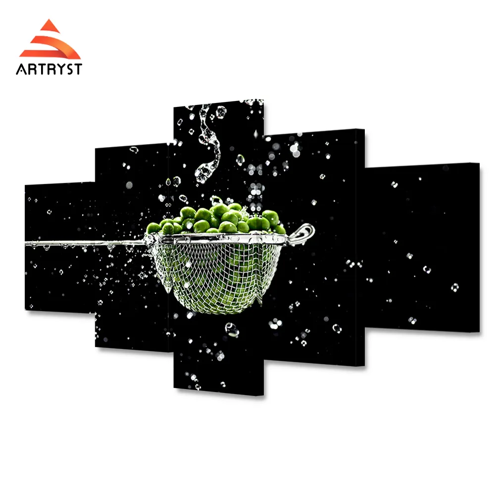 

5 pieces modern home decor canvas painting black background food poster HD print wall art picture for kitchen or restaurant