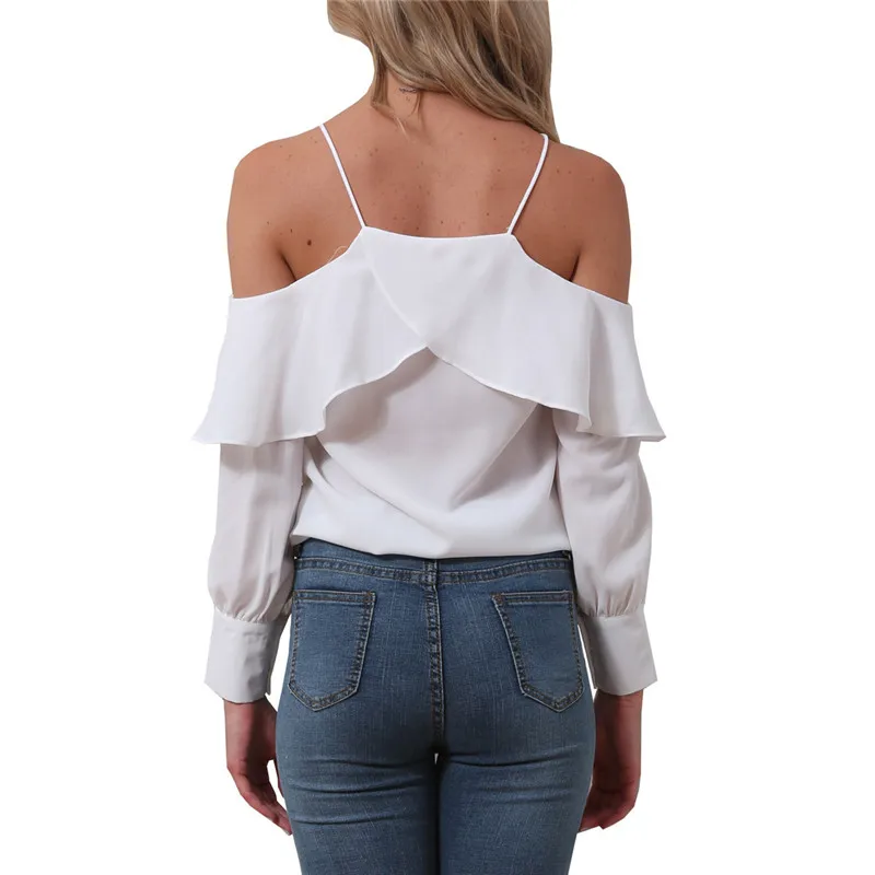 Sexy new strap shoulder ruffled long sleeve shirt blouse (3)