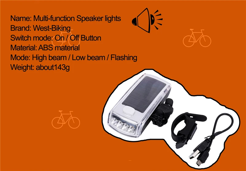 Perfect WEST BIKING Cycling Light LED Speaker Solar Powered Lamp USB Rechargeable Bicycle Front Head Flashlight Bell Riding Bike Lights 1