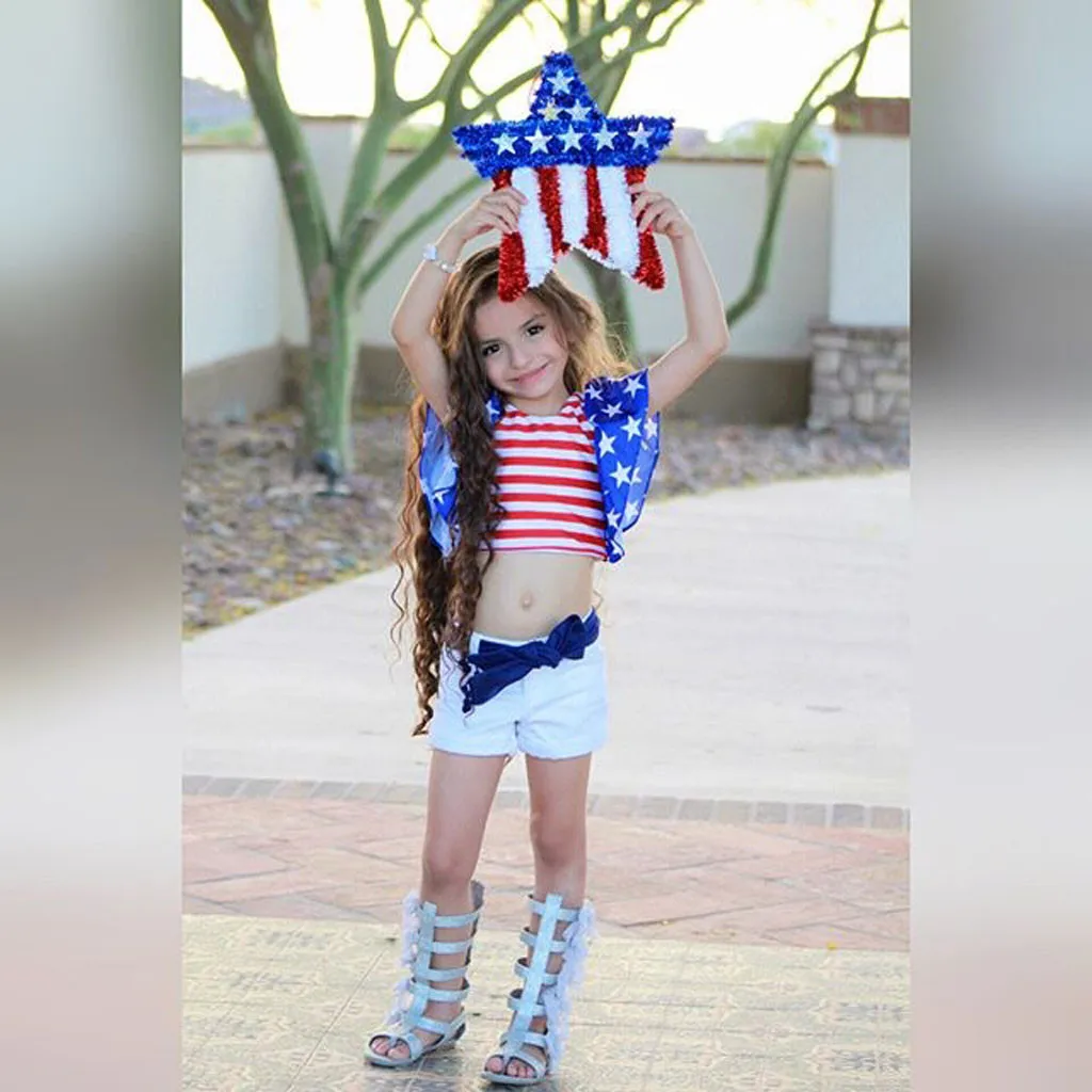 

Kid Clothes Toddler Baby Girl Kid 4th of July Striped Star Print Tops+ Shorts Outfits Set Roupa Infantil Vetement Enfant Fille