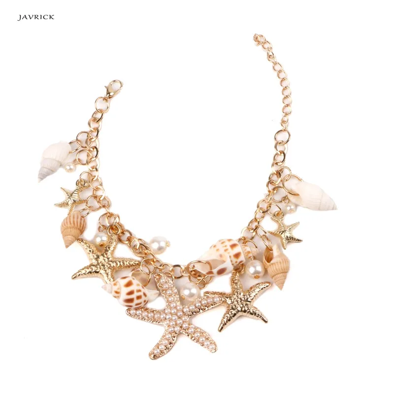 

JAVRICK Sea Shell Starfish Faux Pearl Fashion Bracelets Sweet Sea Star Plated Multi-layered Necklaces & Pendants For Women