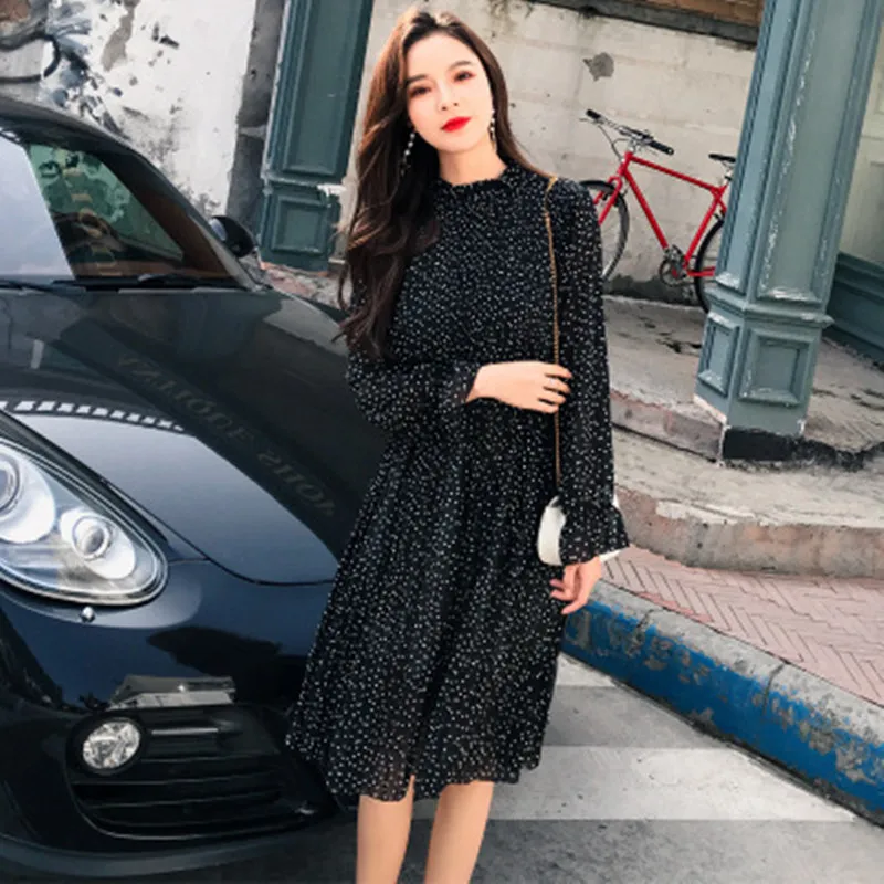 

2019 Casual Women Dress Black Bandage Dress Stand Collar Small Floral Pleated Summer Elegant Long Pleated Dresses Ropa Mujer