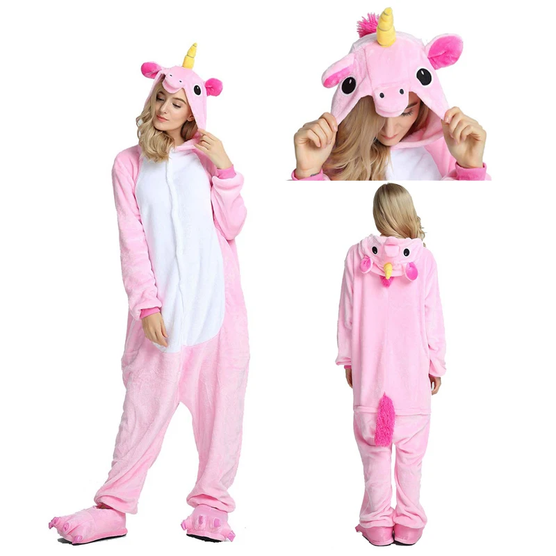 

2019 Winter Warm Women Men Unisex Adults Flannel Animal Cartoon Stitch Pajamas Kigurumi Unicornio Unicorn Sleepwear Sets Hoodie