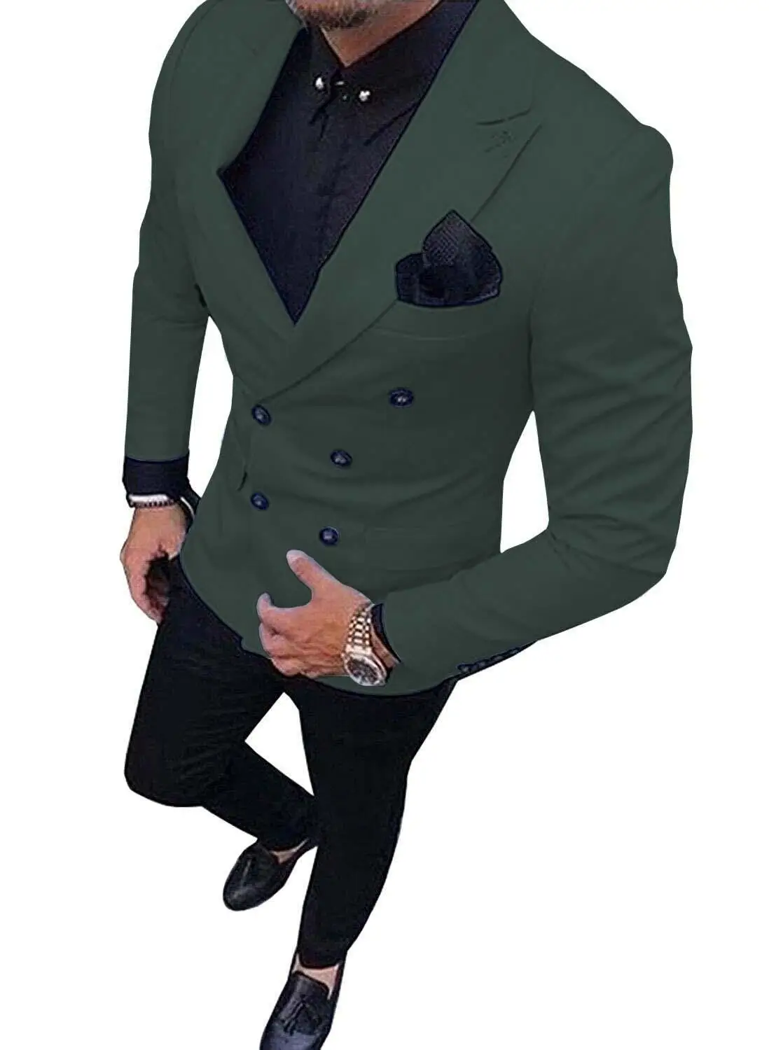 Новинка, зеленый мужской костюм, двубортный костюм из 2 предметов, блейзер с отворотом, пиджак, смокинг и брюки для свадьбы, вечерние - Цвет: Blackish Green