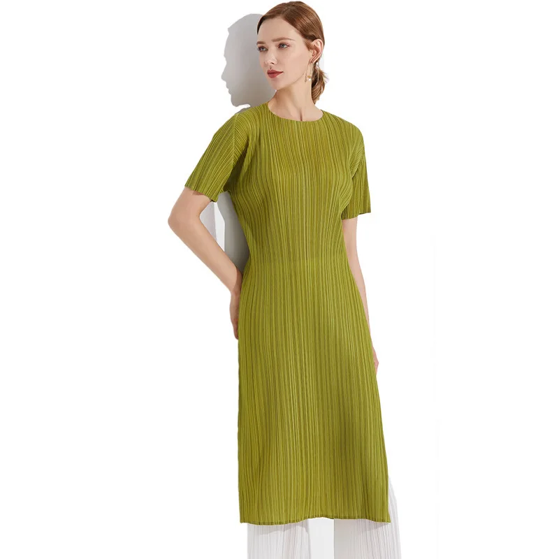 

LANMREM 2019 New Fashion Casual Temperament Woman Loose Plus Solid Color Pleated Side Slit Dress TC184
