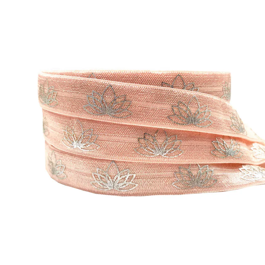 

10Yard 5/8" 15mm Gold Silver Foil Lotus print Fold over elastic Stretchy band DIY girls hair ties headband accessories