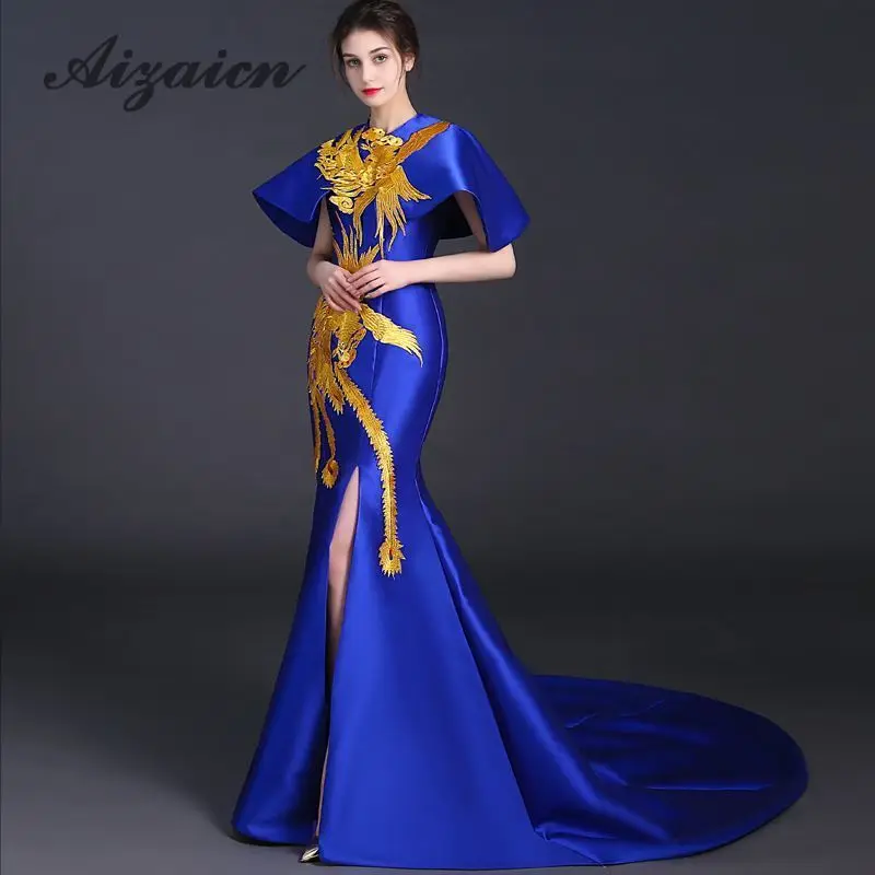 

Sexy Split Royal Blue Evening Dresses Women Phoenix Embroidery Qipao Pattern National Chinese Wedding Dress Bride Traditions