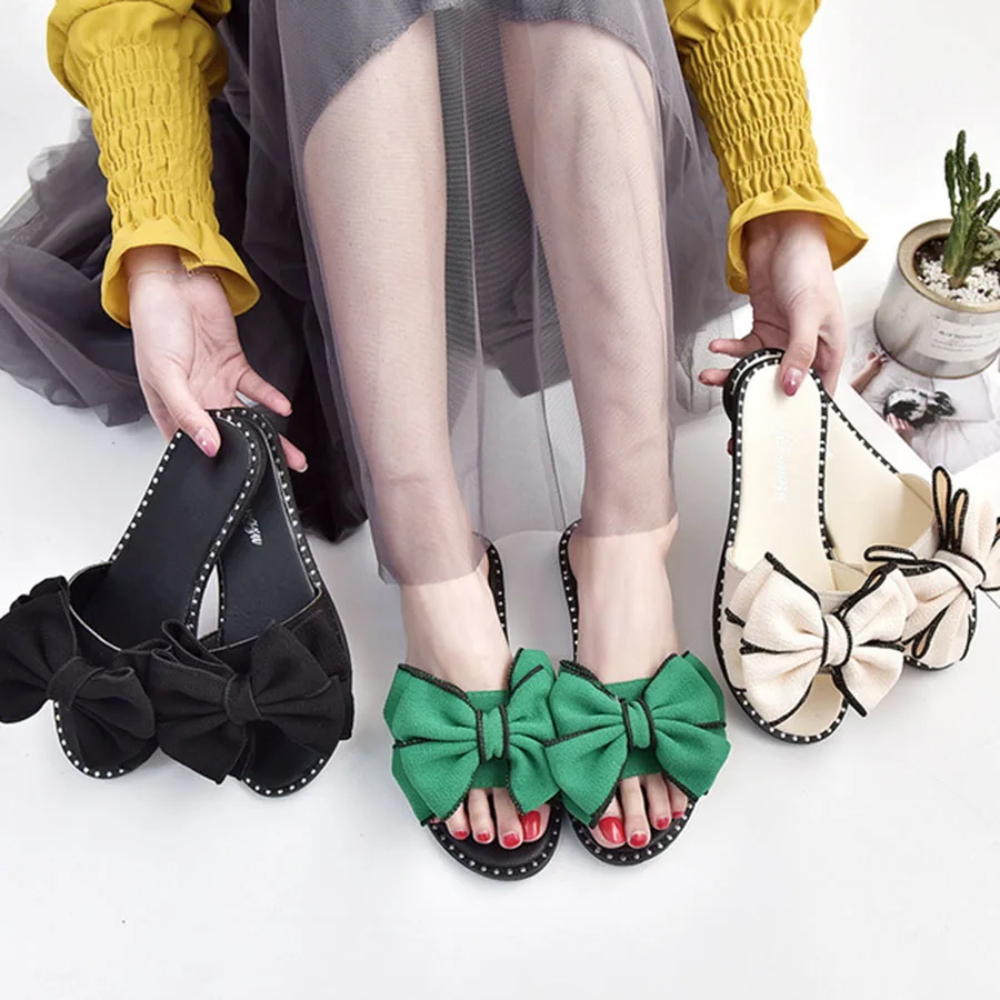 

Women's Slipper New Korean Version of the Bow Low-heeled Fashion Casual Versatile Sandals Female Nice Comfortable Concise Slides