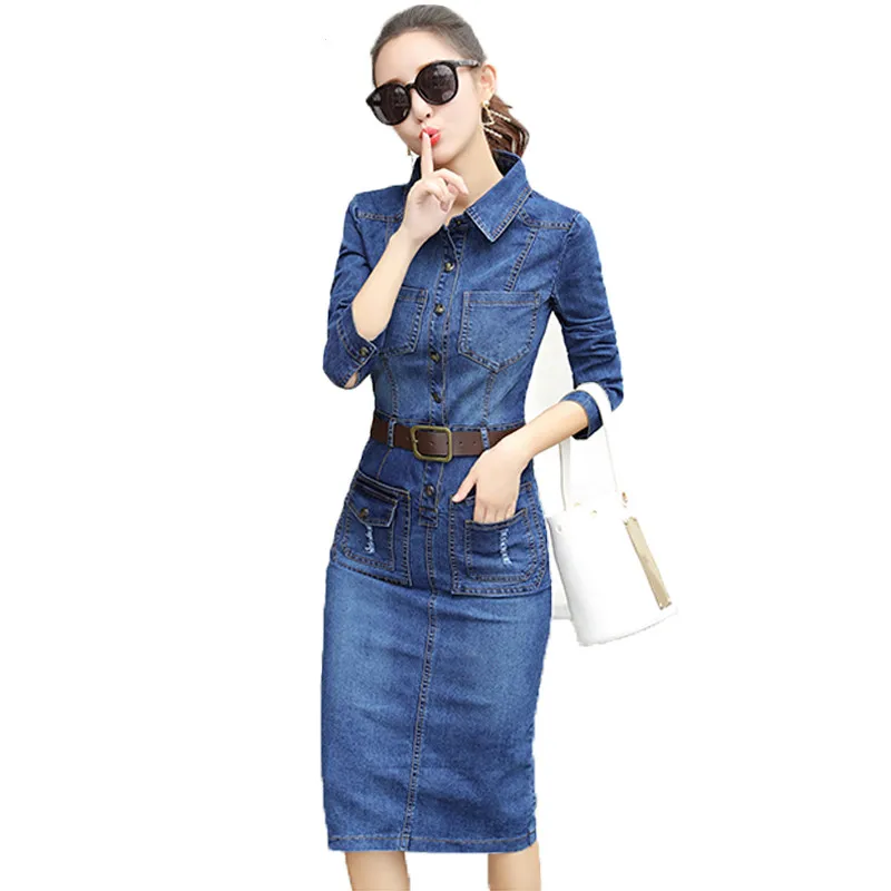 Джинсы с длинным рукавом стрейч Vestido платье Mulheres Manga Denim Com Bolsos Bodycon Vestido Elegante Повседневное платье размера плюс