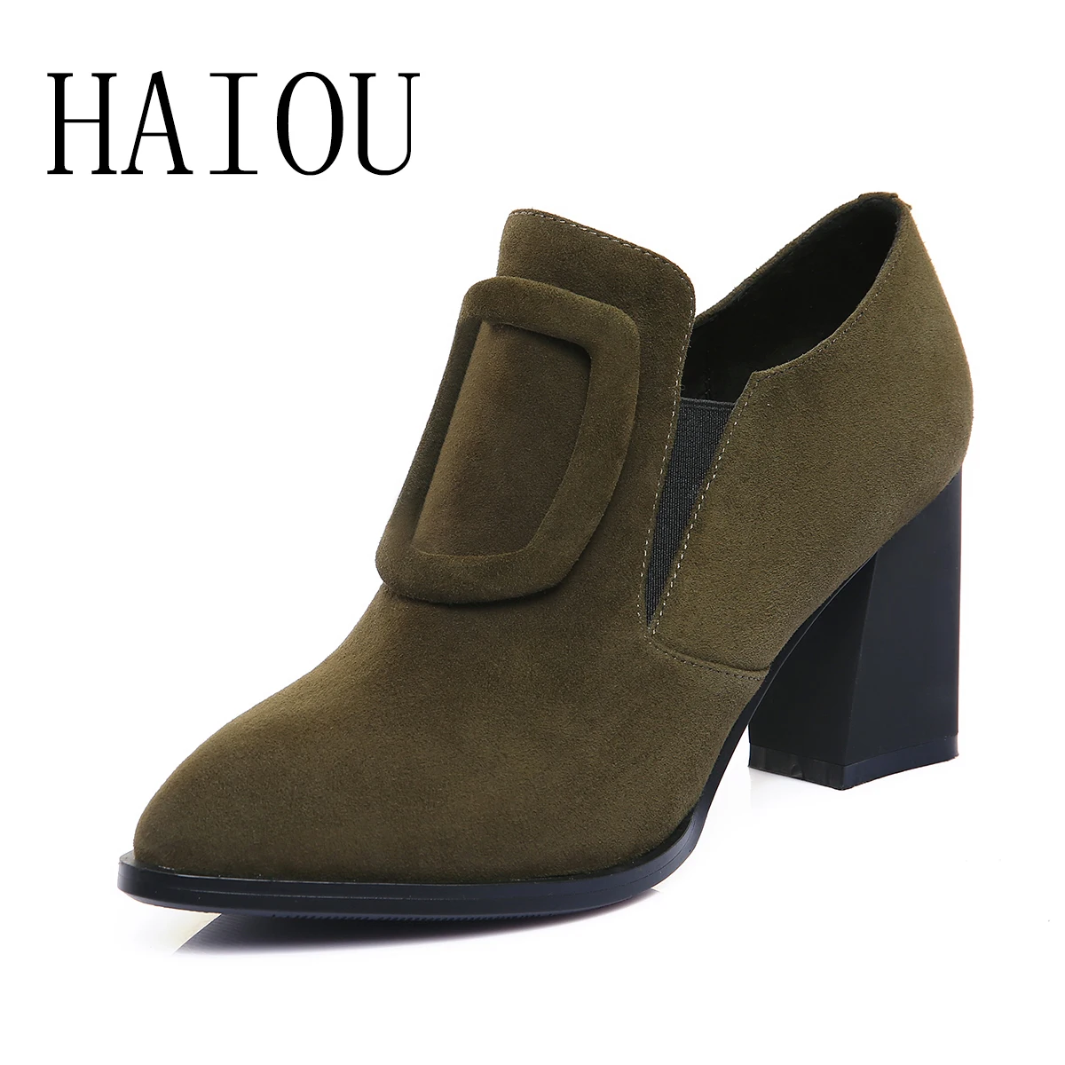

HAIOU 2016 New Arrive Fashion Green Ankle Boots Pointed Toe Chelsea Boots Women Suede Square Heel Boots High Quality Shoes Solid