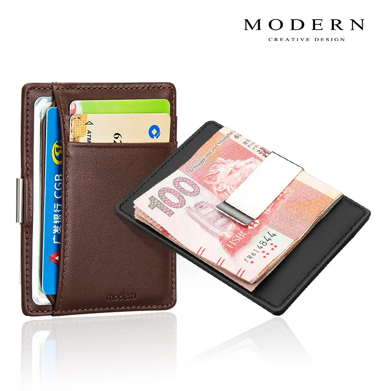 Modern Brand Genuine Leather Mini Wallets With Money Clip Organizer Men Travel Slim Wallets