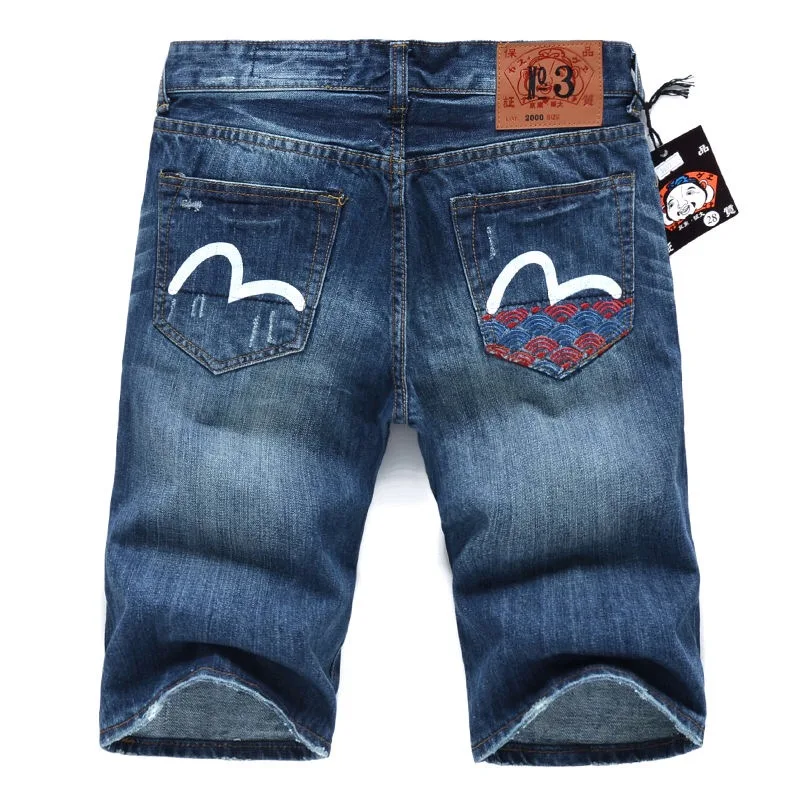 Аутентичные Evisu Весна и лето Высокое качество Мужские повседневные джинсовые шорты дышащие мыть колено Модные мужские прямые брюки