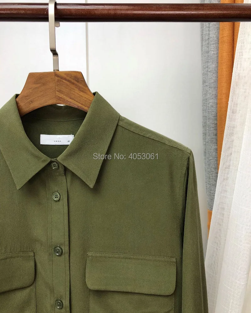 Шелковый армейский зеленый длинный рукав лацкан блузка рубашка-2019ss Женская стильная модная рубашка Топ