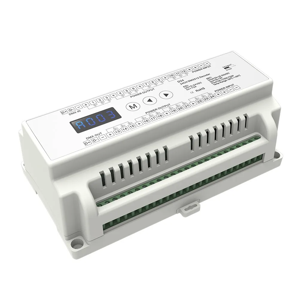 US $220.00 5 Piece High Quality 24 CH Constant Voltage DMX512 Decode DC524V Input3A24CH Output With Display For Setting Dmx Address