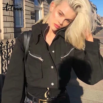 

Artsnie Streetwear Chaqueta Mujer Casual Women Jacket Spring 2019 Turn Down Collar Pockets Zipper Short Coats Biker Jackets