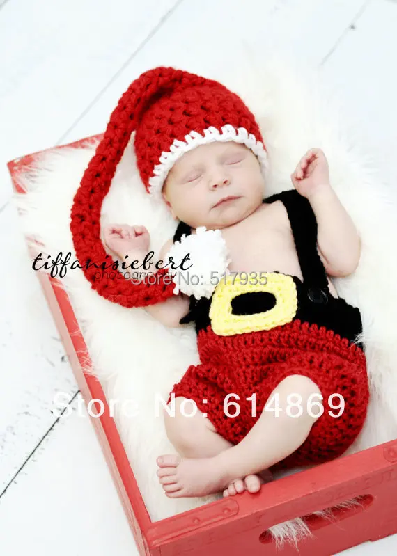 

free shipping,cute handmade crochet Christmas baby long tail elves hat with overalls pants baby sets newborn photography props