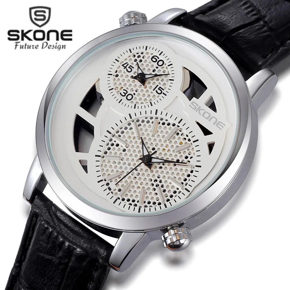 

Skone Genuine Dual Time Zone leather Strap Quartz Watch Hollow Mens Watches Top Brand Luxury Big Dai Watch relogios masculinos
