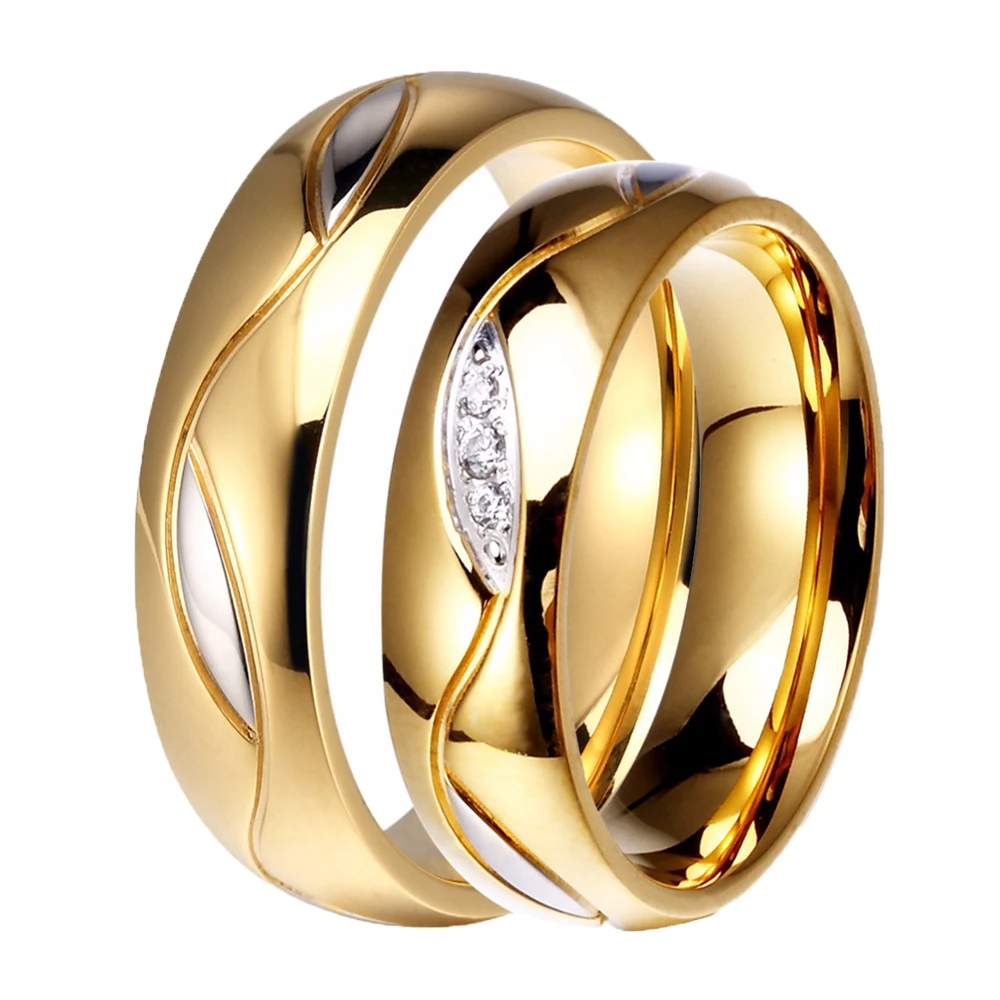 

Men & Women Wedding Band 6MM 316L Stainless Steel Shiny Gold Color Classic CZ Stone Couple Rings Engagement Promise Band