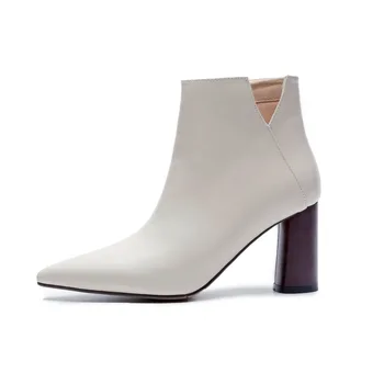 

Fashion women's shoes spring 2019 chunky heels 8cm pointed toe ankle boots zipper elegant round heels genuine leather ladies 40