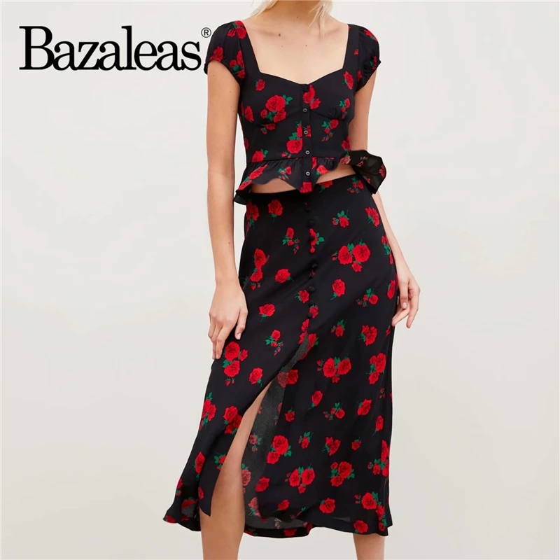 

2019 Black women Suit harajuku Crop top and Split Midi Skirt Rose Print two piece set tracksuit women