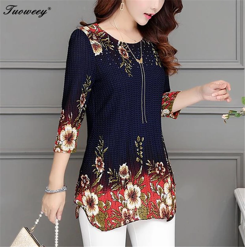 

2019 New Arrival Fashion Summer Three Quarter Slim floral long Shirt Female Casual Slim Color Plus Size elegant Printed Blouse
