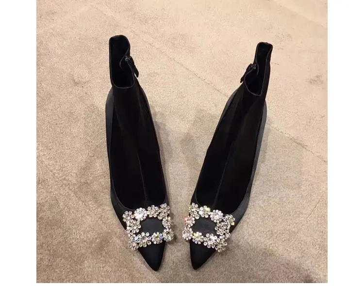 

Black Silk Leather Pointed Toe High Heels Rhinestone Buckle Short Ankle Sock Boots Pointed Toe Runway Luxury Shoes Woman