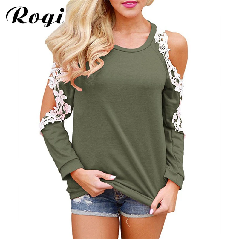Rogi Camiseta Mujer 2019 сексуальные кружевные футболки реглан с открытыми плечами женские