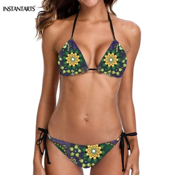 

INSTANTARTS Russian Floral Ornament Pattern Female Sexy Summer Bikini Set Fashion Beach Bathing Swimwear Halter Padded Swimsuit
