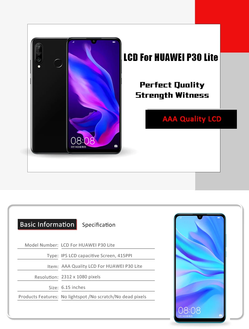 2312*1080 AAA ЖК-дисплей с рамкой для HUAWEI P30 Lite ЖК-экран для HUAWEI P30 Lite экран Nova 4e MAR-LX1 LX2 AL01