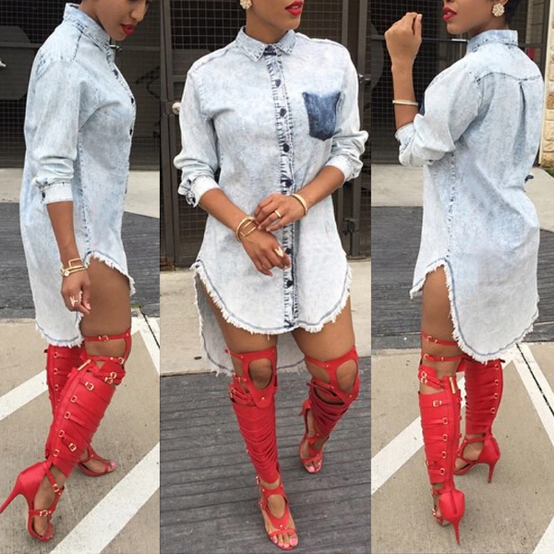 

High Quality Women 'S Blouses Jeans Shirt 2018 Spring Denim Shirts Pockets Top Women 'S Clothing Large Size Clubwear Jeanswear