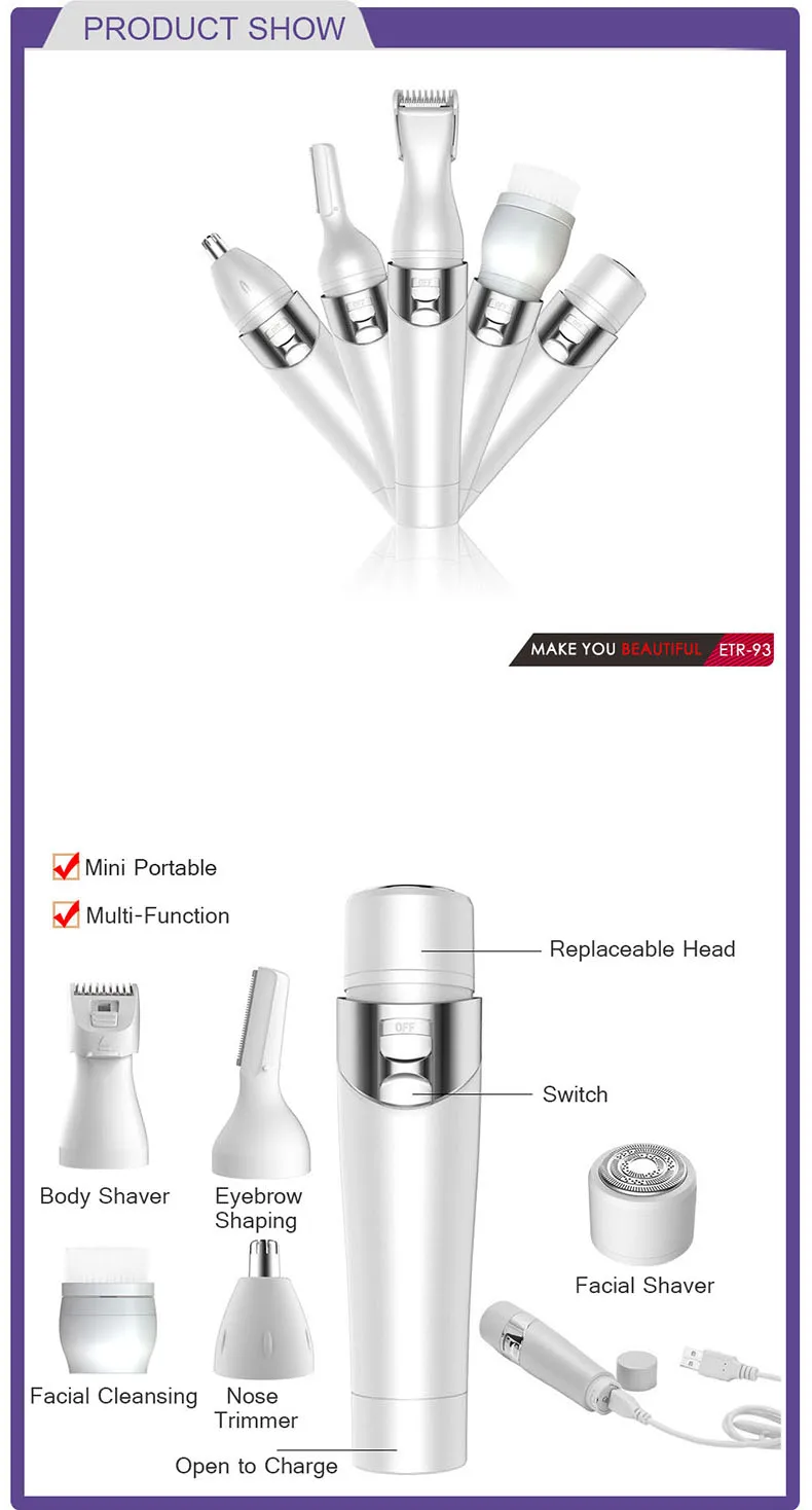 ETR-93 5 в 1 леди Уход Комплект usb зарядка мини портативный водостойкий Эпилятор ежедневно Глубокая чистка лица