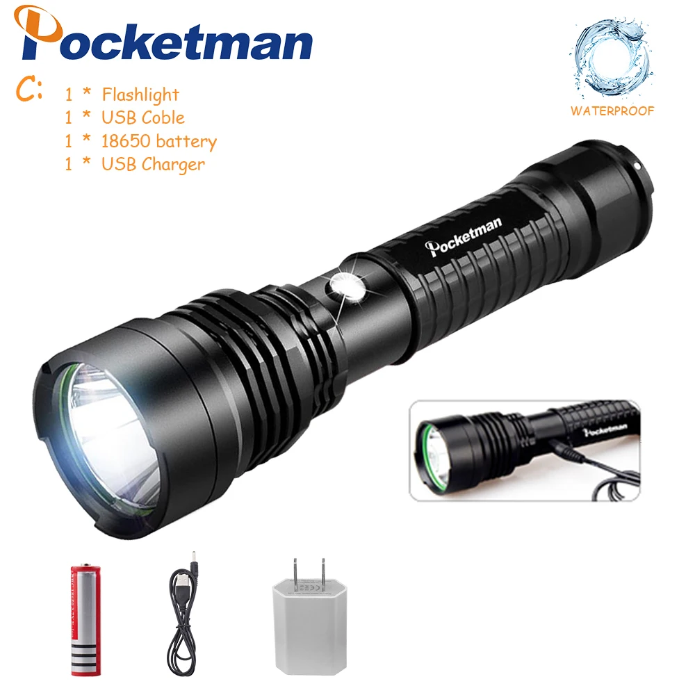 Pocketman 3000 люмен супер яркий светодиодный тактический фонарь перезаряжаемый водонепроницаемый фонарь Linternas из алюминиевого сплава 1*18650 - Испускаемый цвет: Package C