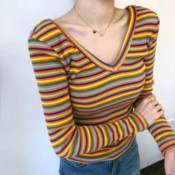 

Streetwear Rainbow Striped Sweaters Women Slim Thin Knitted V Neck Pullovers Jumper Vintage Sueter Mujer 78265