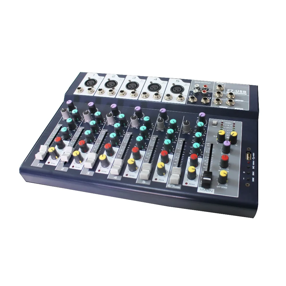 

Music studio mixing console 7-channel Analog audio Mixer 7 mono 1 stereo with 3-band channel equalizer,USB,MP3 Audio Interface