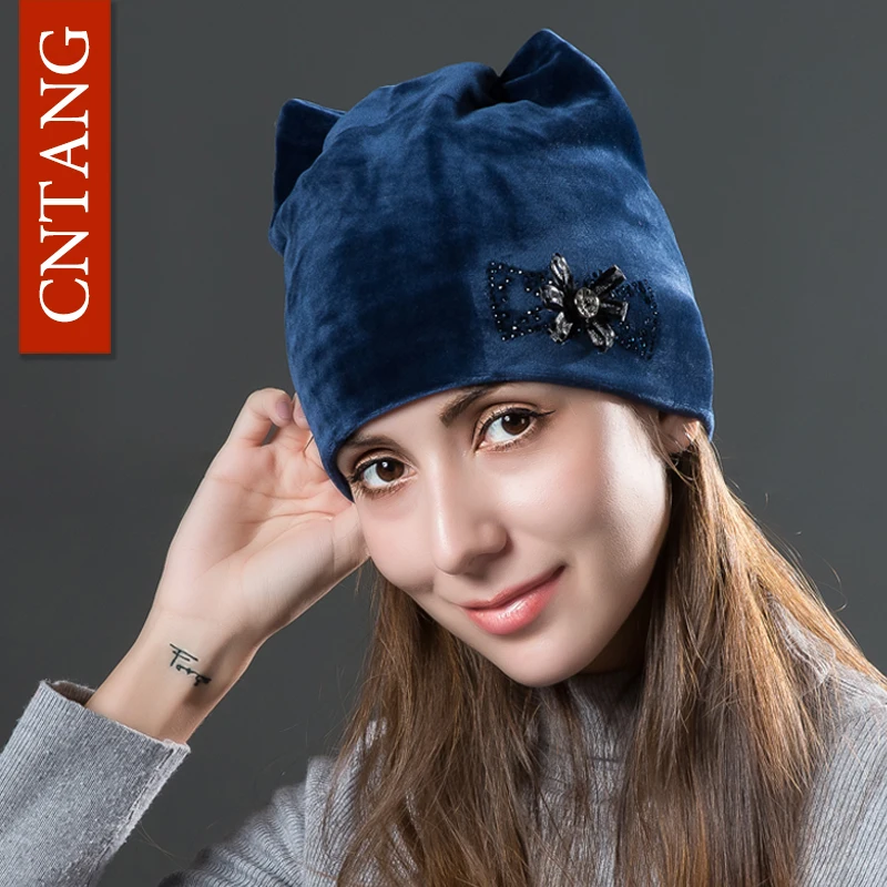 CNTANG Cute Cat Ears With Flower Caps Winter Warm Women Hats Flannel Autumn Beanies Fashion Girls Hat Velvet Skullies For Female 2