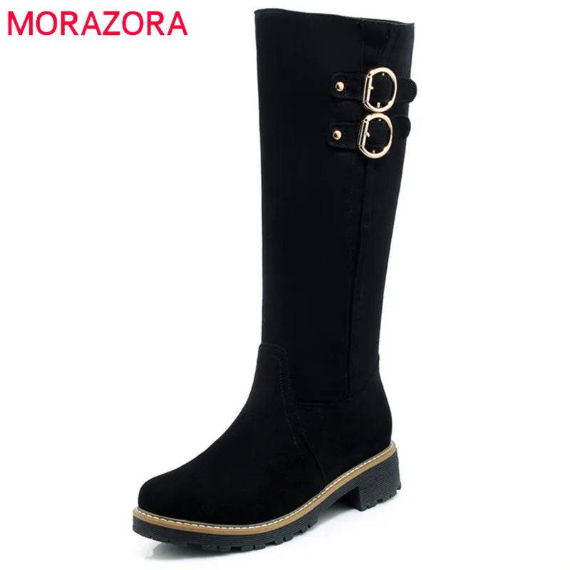 MORAZORA/Новое поступление года; женские сапоги до колена с круглым носком; сезон осень-зима; простая обувь на квадратном каблуке на молнии; женская обувь черного цвета