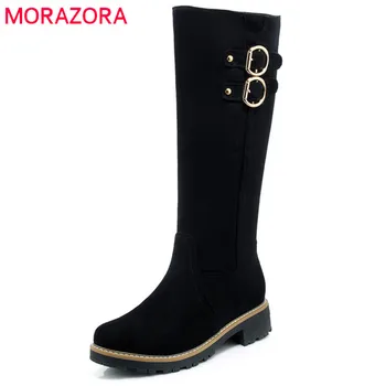 

MORAZORA 2020 new arrival knee high boots for women round toe autumn winter boots simple zipper square heels shoes woman black