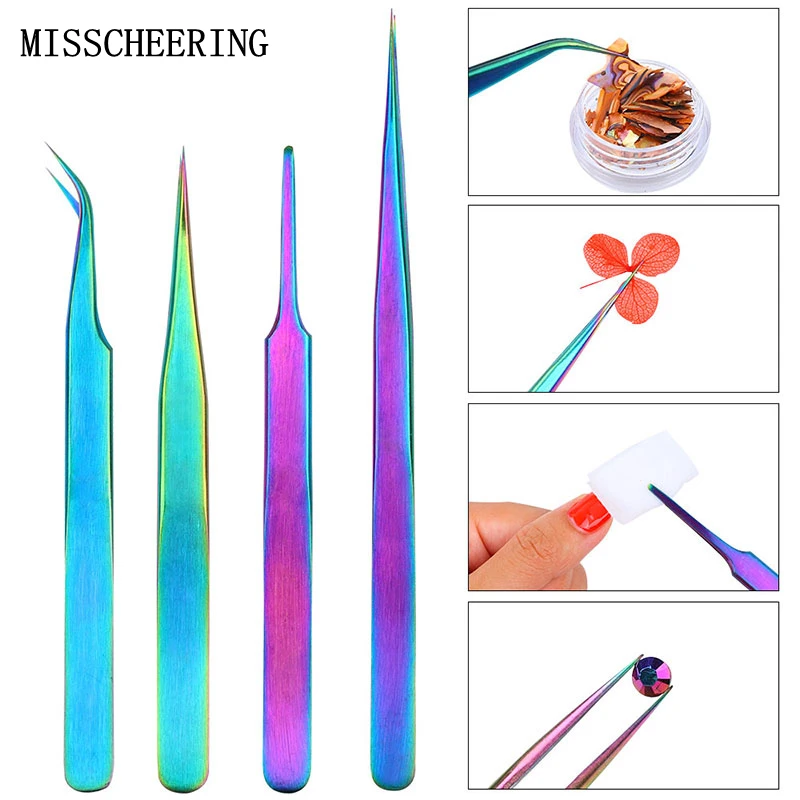

1pcs Curved Straight Stainless Steel Tweezers Eyelash Extensions Nail Art Rhinestones Pick Up Rainbow Nipper Makeup DIY Tools