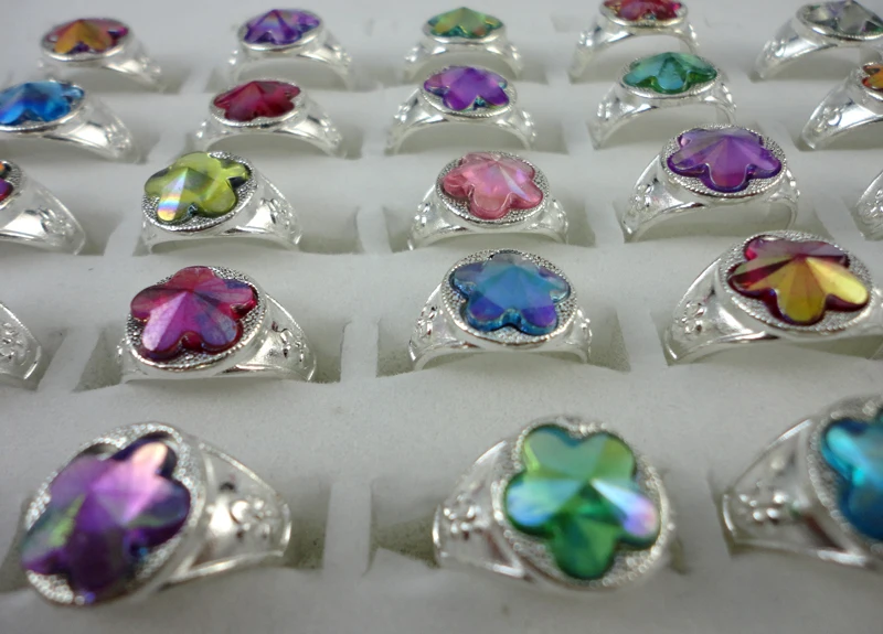 30Pcs Mix Color Silver Plated Crystal Ring For Children Boys Girls Wholesale Jewelry Rings Bulks Lots Hot Sale LR345