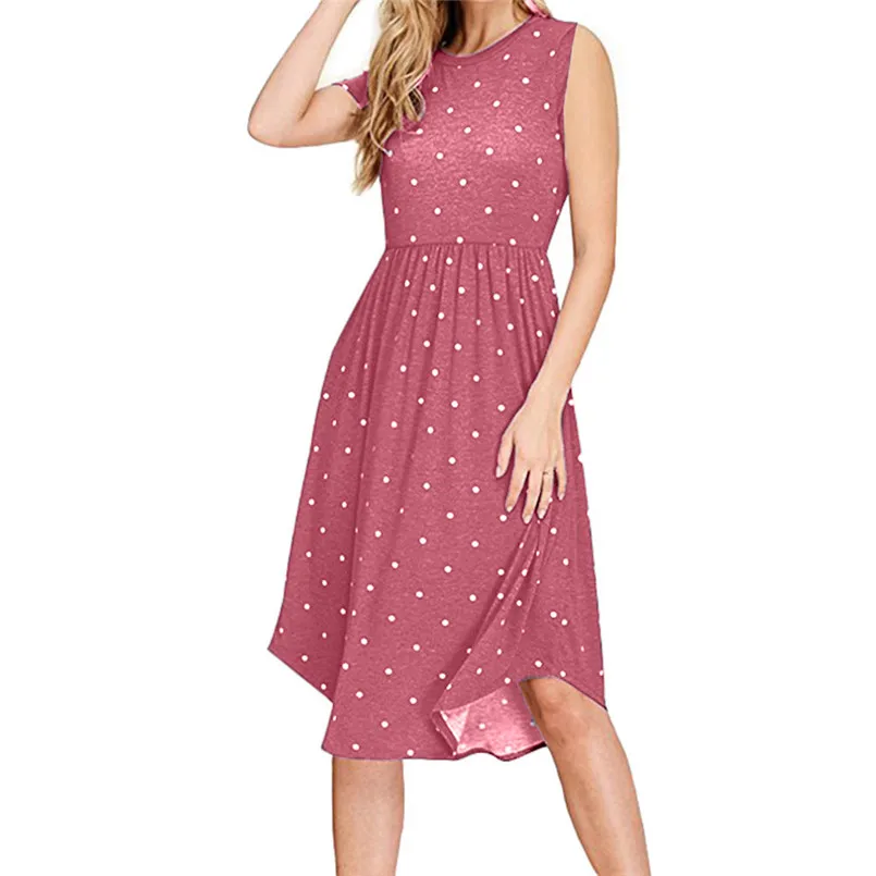  New Women Summer Fashion Pleated Polka Dot Pocket Loose Swing O-Neck Casual Midi Dress Elegant Lady Holiday Daily Dress #4R08 (13)