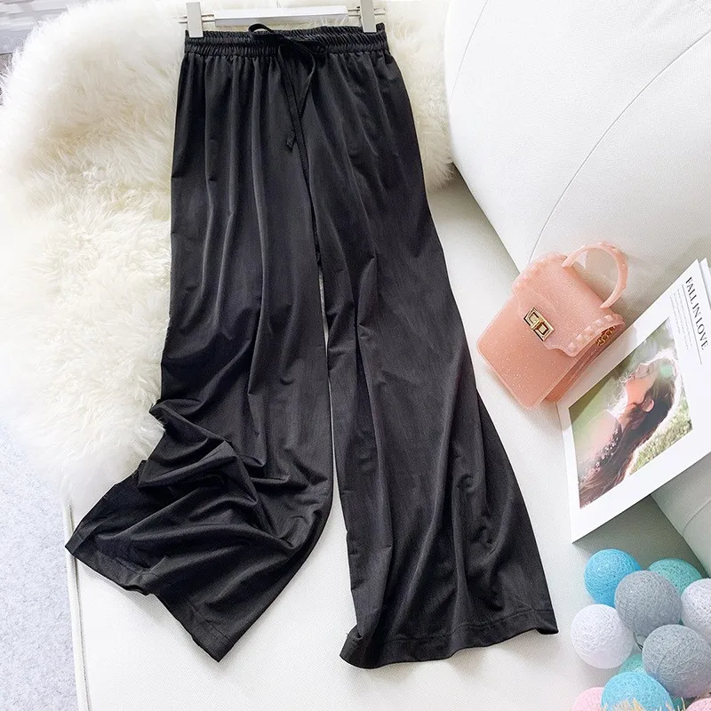

DeRuiLaDy Women Wild Casual High Waist Pants Loose Wide Leg Elastic Waist Satin Silk Long Pants Ladies Summer Straight Pants