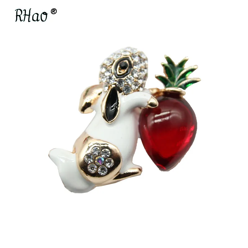 RHao Cute Crystal Rabbit with Carrot Brooch pins 6 colors choose White Enamel animal Brooches for Women Kids collar | Украшения и